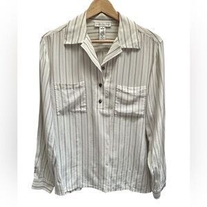 Evan Picone Silk Striped Long Sleeve Button Down Shirt Minimalist Neutral Sz 10